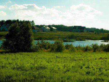 Arka planda çayır ve gölet manzarası. Yaz mevsimi, cilalı doğa, Kashubian 'dan fotoğraf, Pomeranya Voyvodalığı.