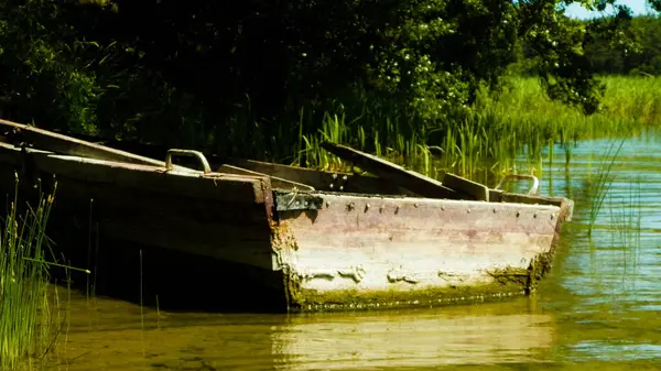 Stock image Boat on Wdzydzkie lake coast. Old abandoned boat on Wdzydze Lake coast. Wdzydze Landscape Park, Kashubia region, northern Poland.