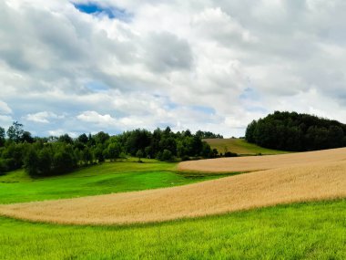 Kashubia Polonya 'da bulutlu bir gün. Bulutlar tepelerin üzerinde toplanıyor. Fırtına geliyormuş. Kuzey Polonya 'nın güzelliği. Pomerania Kashubia Wiezyca Bölgesi.