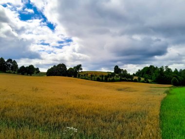 Kashubia Polonya 'da bulutlu bir gün. Bulutlar tepelerin üzerinde toplanıyor. Fırtına geliyormuş. Kuzey Polonya 'nın güzelliği. Pomerania Kashubia Wiezyca Bölgesi.