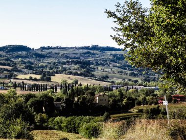 Tepeler, tarlalar ve çayırlar. Tipik Toskana manzarası. Seyahat, doğa ve tarım kavramı. İtalya 'da tatiller. Boşluğu kopyala.