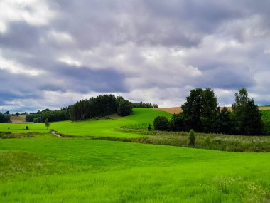 Fırtına geliyormuş. Kashubian çayırlarının üzerinde bulutlu bir gökyüzü. Saf doğa, Kuzey Polonya 'nın güzel manzarası. Pomeranya 'daki Kashyubia Bölgesi.