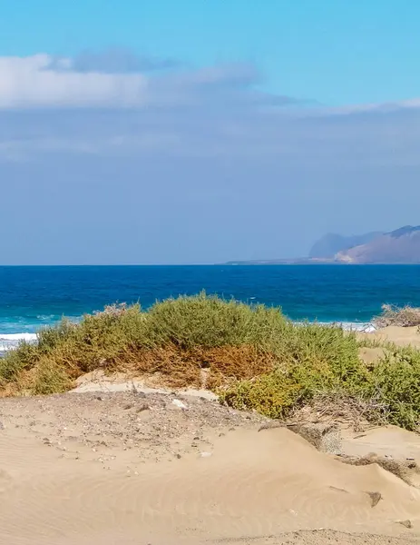 stock image Beach, Atlantic Ocean and La Graciosa island in Caleta de Famara, Lanzarote Canary Islands. Beach in Caleta de Famara is very popular among surfers. Copy space.