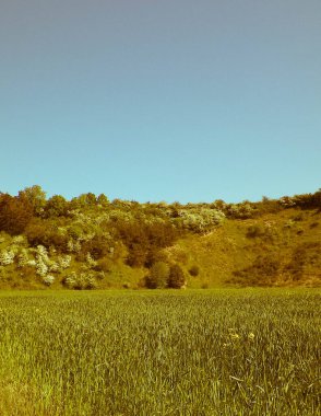 Maden bölgesindeki çakıl ocağı. Kuzey Polonya. Gökyüzündeki boşluğu kopyala. Doğal çevre keşfi konsepti. Sanatsal soyut filtre tonu.
