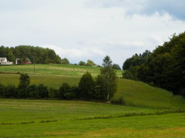 Green hills and forest - landscape of Kashubian Region, Poland. Travel and nature concept.