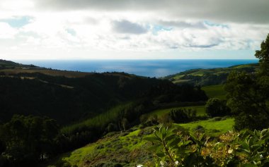 Tipik Azores manzarası. Arka planda doğal yeşil arazi tepeleri ve deniz. Doğanın güzelliği konsepti.