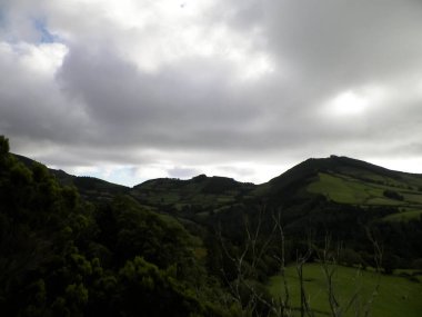 Tipik Azores manzarası. Arka planda doğal yeşil arazi tepeleri ve deniz. Doğanın güzelliği konsepti.