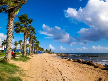 Kıbrıs adasındaki Paphos 'ta park alanı ve plaj. Egzotik iklim ve seyahat kavramı.