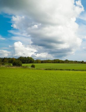 Kashubian kırsalında yeşil alan. Polonya. Doğa ve tarım kavramı. Bulutlu gökyüzünde uzayı kopyala.