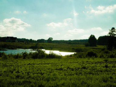 Arka planda çayır ve gölet manzarası. Yaz mevsimi, cilalı doğa, Kashubian 'dan fotoğraf, Pomeranya Voyvodalığı.