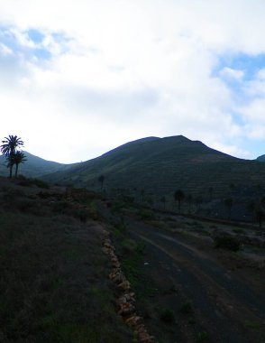 Lanzarote adasının kuzeyindeki dağ manzarası. Lanzarote adasının güzel, vahşi, tropikal doğası. Vahşi bitki örtüsü ve keşif konsepti.
