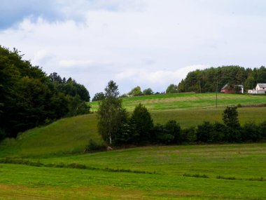 Green hills and forest - landscape of Kashubian Region, Poland. Travel and nature concept.