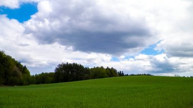 Kashubia bölgesindeki yeşil alanlar, Kuzey Polonya. Bulutlu bir gün, seyahat ve doğa konsepti.