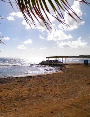 Paphos City yakınlarındaki tropik plaj, Kıbrıs adası. Boşluğu mavi gökyüzünde kopyala - bir kartpostal için iyi bir arkaplan.