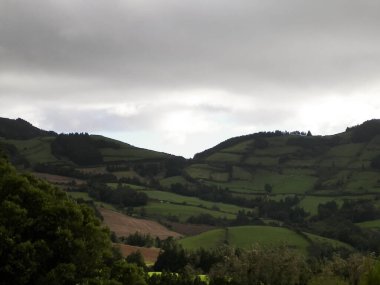 Azores adaları Sao Miguel 'in vahşi doğası. Dağlar, otlaklar, çayırlar ve tropikal ormanlar. Azores Portekiz 'in otonom bölgesi olan küçük bir takımadalardır..