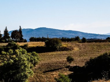 Toskana tepeleri, Chianti Bölgesi, İtalya. Güneşli bir gün ve tipik Toskana köyü manzarası. Seyahat ve tarım kavramı.