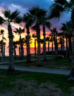 Orange sunset sky over Perivolia beach in Cyprus. Exotic scenery. clipart