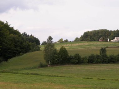 Green hills and forest - landscape of Kashubian Region, Poland. Travel and nature concept.