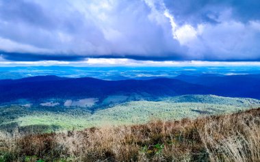 Dağın tepesinden Bieszczady 'nin güzel manzarası. Dağ turizmi.