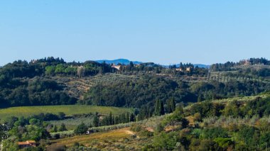 Tepeler, tarlalar ve çayırlar - tipik Toskana manzarası, İtalya. Seyahat, doğa ve tarım kavramı. Güneşli bir sonbahar günü, İtalya 'da tatiller. Boşluğu kopyala.