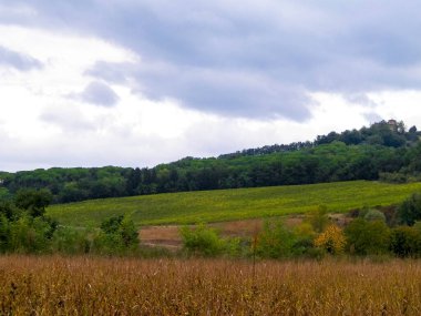İtalya 'da sonbahar - Toskana tarlaları ve tepeleri bulutlu bir günde. Bulutlu gökyüzünde uzayı kopyala.