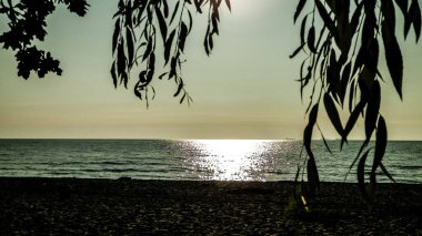 Baltık Denizi üzerinde gün doğumu ve Polonya 'nın kumlu Gdynia plajı. Seyahat ve doğa kavramı.