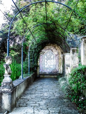 Bahçedeki eski Roma mozaiğinin manzarası. Antik Roma.