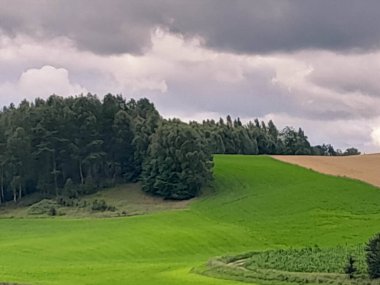 Fırtına geliyormuş. Kashubian çayırlarının üzerinde bulutlu bir gökyüzü. Saf doğa, Kuzey Polonya 'nın güzel manzarası. Pomeranya 'daki Kashyubia Bölgesi.