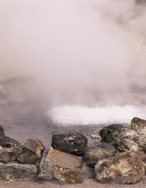 Sao Miguel Adası 'ndaki Furnas' ta termal banyo ve kaplıcalarda. Azores. Turistik atraksiyon.