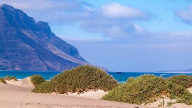 Lanzarote Adası 'ndaki Sandy Beach Caleta de Famara. Kanaryalar. Sörfçüler arasında ikonik bir yer.