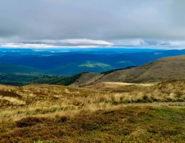 Dağın tepesinden Bieszczady 'nin güzel manzarası. Dağ turizmi.