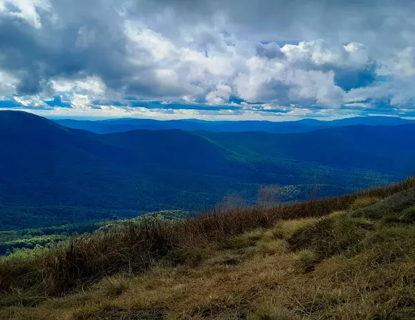 Dağın tepesinden Bieszczady 'nin güzel manzarası. Dağ turizmi.