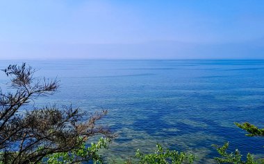 Seascape of Baltic Sea crystal water, seaweed and sea bottom. Copy space over horizon.