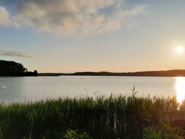 Wdzydzkie Gölü, Kashubia 'da sabahın erken saatlerinde. Doğanın güzelliği.