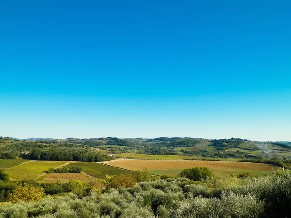 Tepeler, tarlalar ve çayırlar - tipik Toskana manzarası, İtalya. Seyahat, doğa ve tarım kavramı. Güneşli bir sonbahar günü, İtalya 'da tatiller. Boşluğu kopyala.