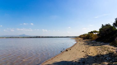 Larnaka Gölü, Kıbrıs. Larnaka yakınlarındaki Salt Gölü 'nde. Flamingo kuşlarının doğal yaşam alanı.