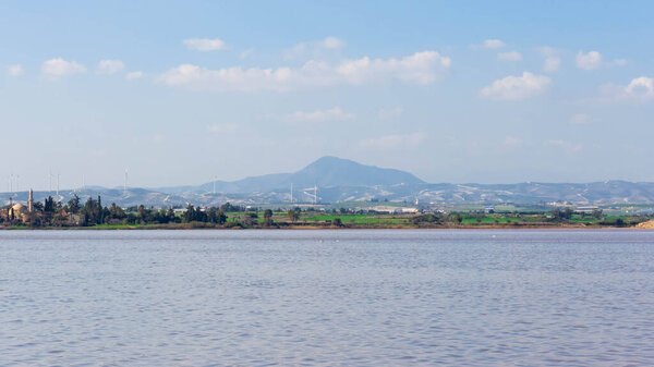 Ларнака-об-Кипр. Соленое озеро недалеко от города Ларнака. Природная среда обитания птиц фламинго.