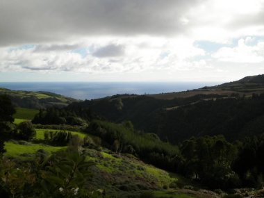 Tipik Azores manzarası. Arka planda doğal yeşil arazi tepeleri ve deniz. Doğanın güzelliği konsepti.