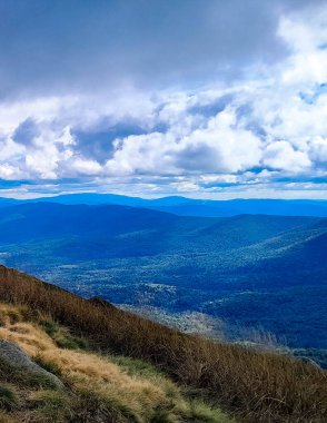 Dağın tepesinden Bieszczady 'nin güzel manzarası. Dağ turizmi.