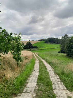 Kashubia 'daki çayır üzerinde kara bulutlar. Yağmurlu hava geliyor. Kuzey Polonya 'nın güzel doğası.