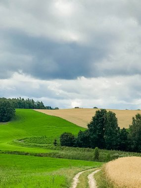 Kashubia 'daki tarlaların üzerindeki kara bulutlar. Yağmur yağacak. Kuzey Polonya 'nın güzel doğası.