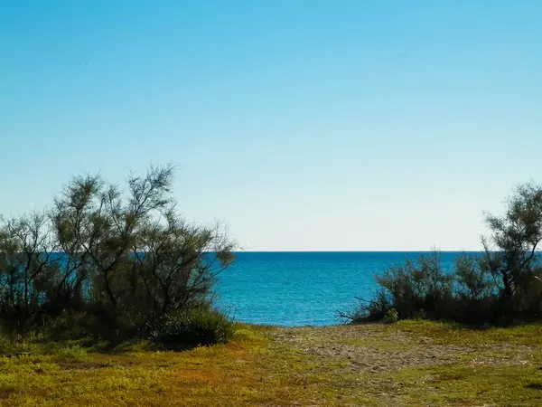 Akdeniz, doğa, Vada şehrine yakın. Mavi gökyüzü arka planında Tyrhenian deniz kıyısı. Tatiller ve doğa konsepti. Boşluğu mavi gökyüzünde kopyala.