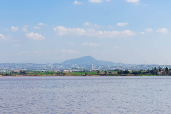Ларнака-об-Кипр. Соленое озеро недалеко от города Ларнака. Природная среда обитания птиц фламинго.