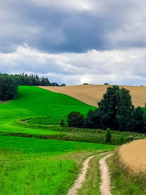 Kashubia 'daki tarlaların üzerindeki kara bulutlar. Yağmur yağacak. Kuzey Polonya 'nın güzel doğası.