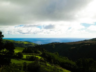 Tipik Azores manzarası. Arka planda doğal yeşil arazi tepeleri ve deniz. Doğanın güzelliği konsepti.