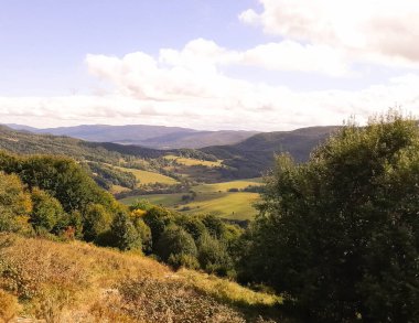 Güneşli bir günde Polonya Bieszczady Dağları 'nın güzel manzarası. Karpatların güzelliğini keşfetmek.