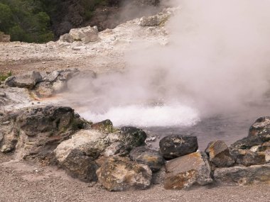 Sao Miguel Adası 'ndaki Furnas' ta termal banyo ve kaplıcalarda. Azores. Turistik atraksiyon.