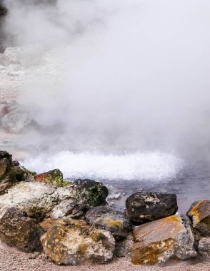 Sao Miguel Adası 'ndaki Furnas' ta termal banyo ve kaplıcalarda. Azores. Turistik atraksiyon.