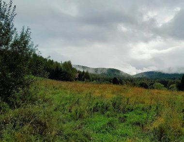 Bieszczady Dağları 'nın tepesinde kara bulutlar. Fırtına geliyormuş. Polonya 'nın güneyi.