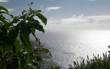 Sao Miguel 'in egzotik adası Azores' ten Atlantik deniz ufku. Boşluğu kopyala.